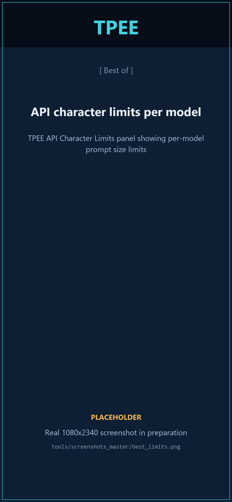 TPEE API Character Limits panel showing per-model prompt size limits