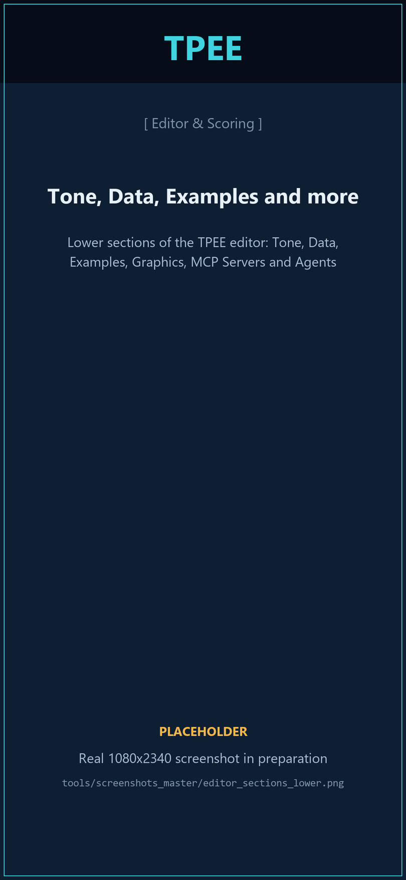 Lower sections of the TPEE editor: Tone, Data, Examples, Graphics, MCP Servers and Agents