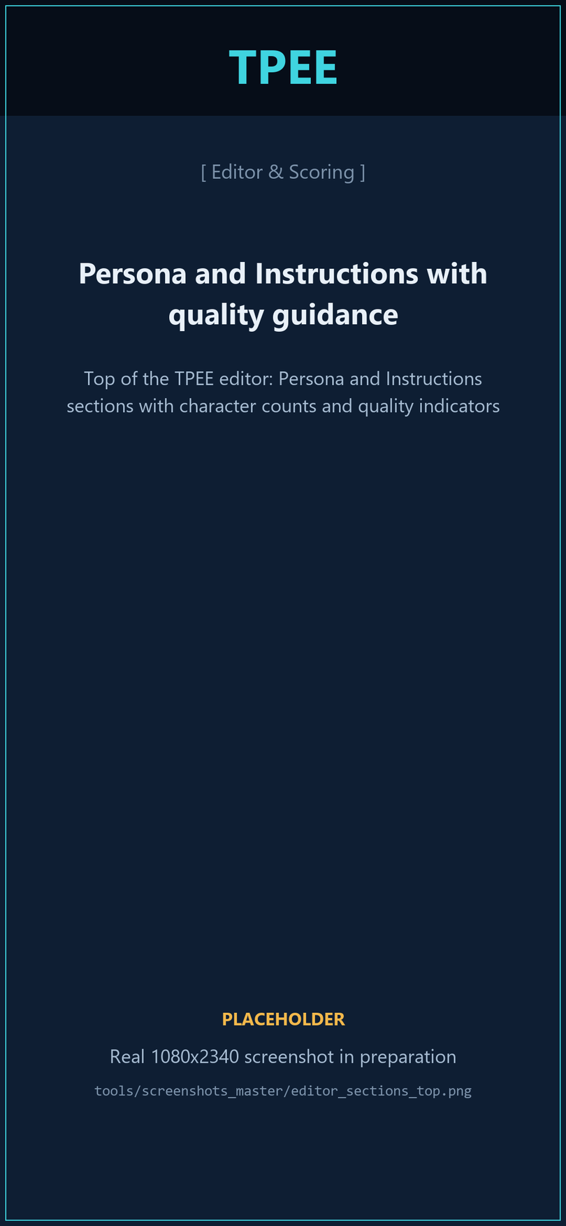 Top of the TPEE editor: Persona and Instructions sections with character counts and quality indicators