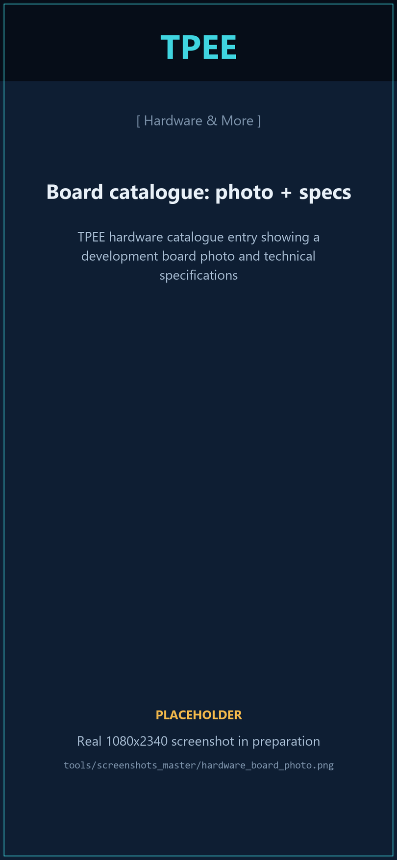 TPEE hardware catalogue entry showing a development board photo and technical specifications