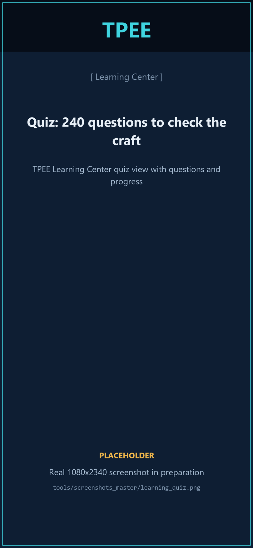 TPEE Learning Center quiz view with questions and progress