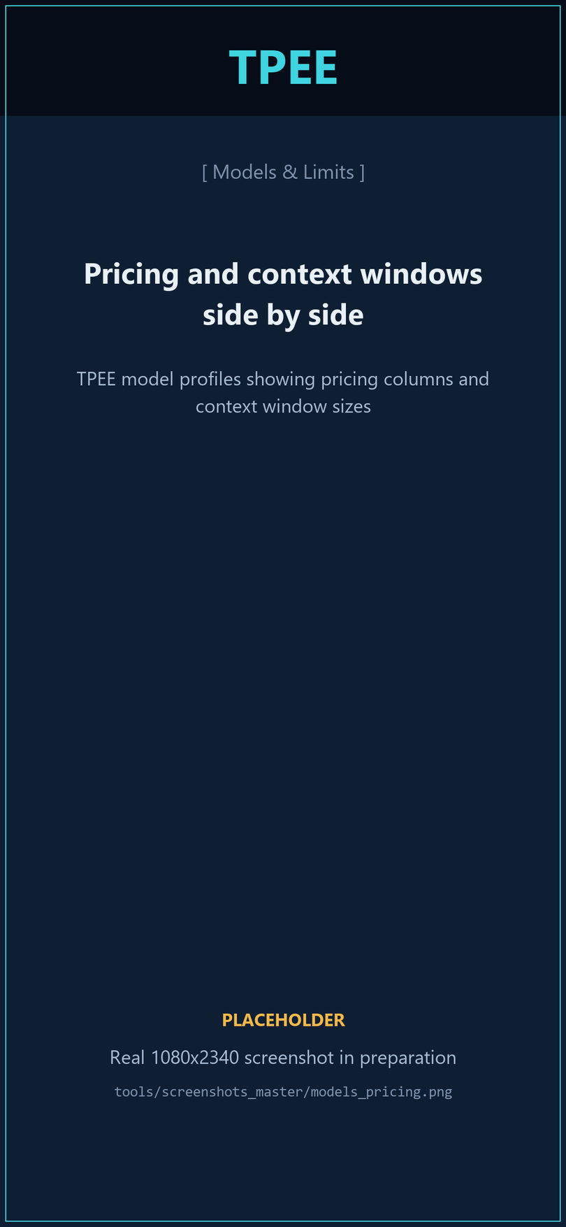 TPEE model profiles showing pricing columns and context window sizes